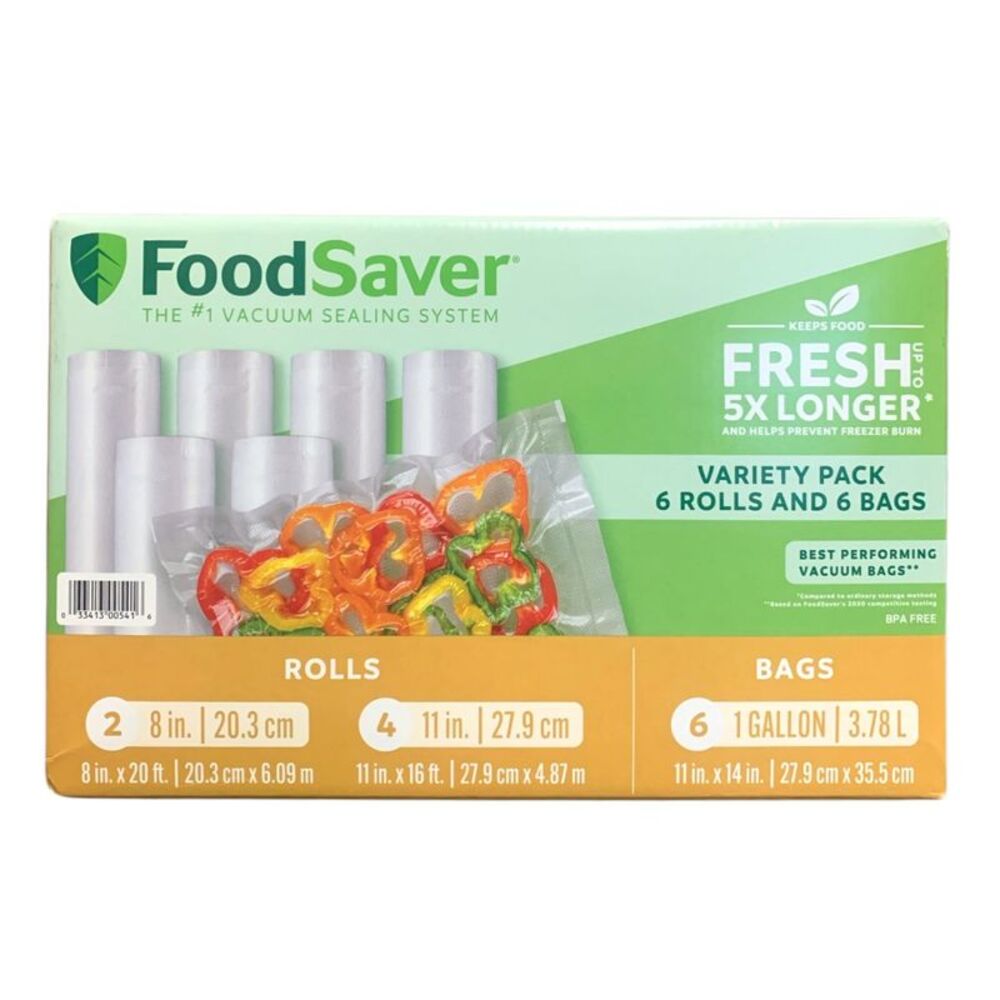 FoodSaver Vacuum Seal Variety Pack, 2 x 8 in & 4 x 11 in Rolls, 6 Gallon Bags